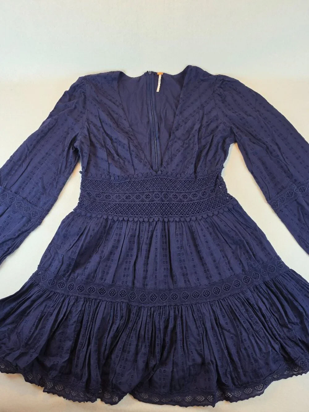 Free People Blue Long Sleeve Mini Dress | Boho Swiss Dot Lace Cutout Dress Size